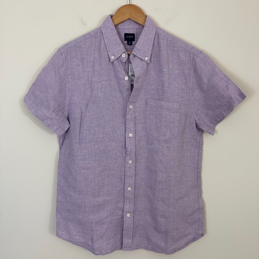 J.Crew Shirt Mens Medium Purple Houndstooth Linen Blend Short Sleeve Button Down - Picture 2 of 12